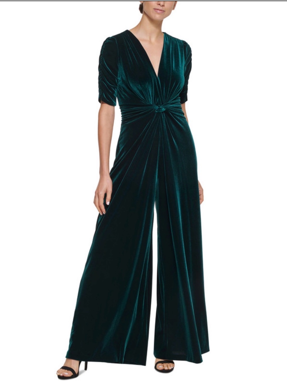 Vince Camuto Velvet Deep Teal Wide-Leg Jumpsuit with Knot Front